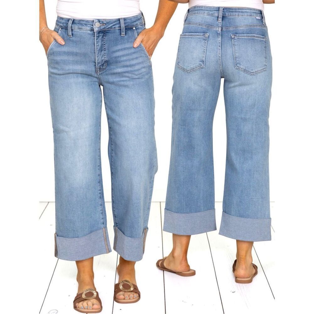 Risen High Rise Tummy Control Ankle Wide Leg Cuffed Jeans Light Medium Wash NWT